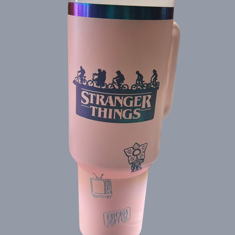 Stranger Things Travel Tumbler with Handle, Iridescent Rim, Stainless Steel
